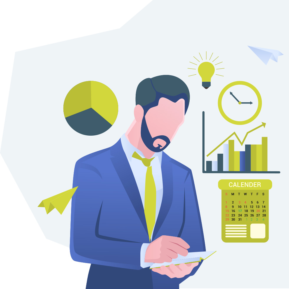 Mann im Anzug mit Uhr, Statistiken und Kalender im Hintergrund als Symbol für professionelle Arbeit.