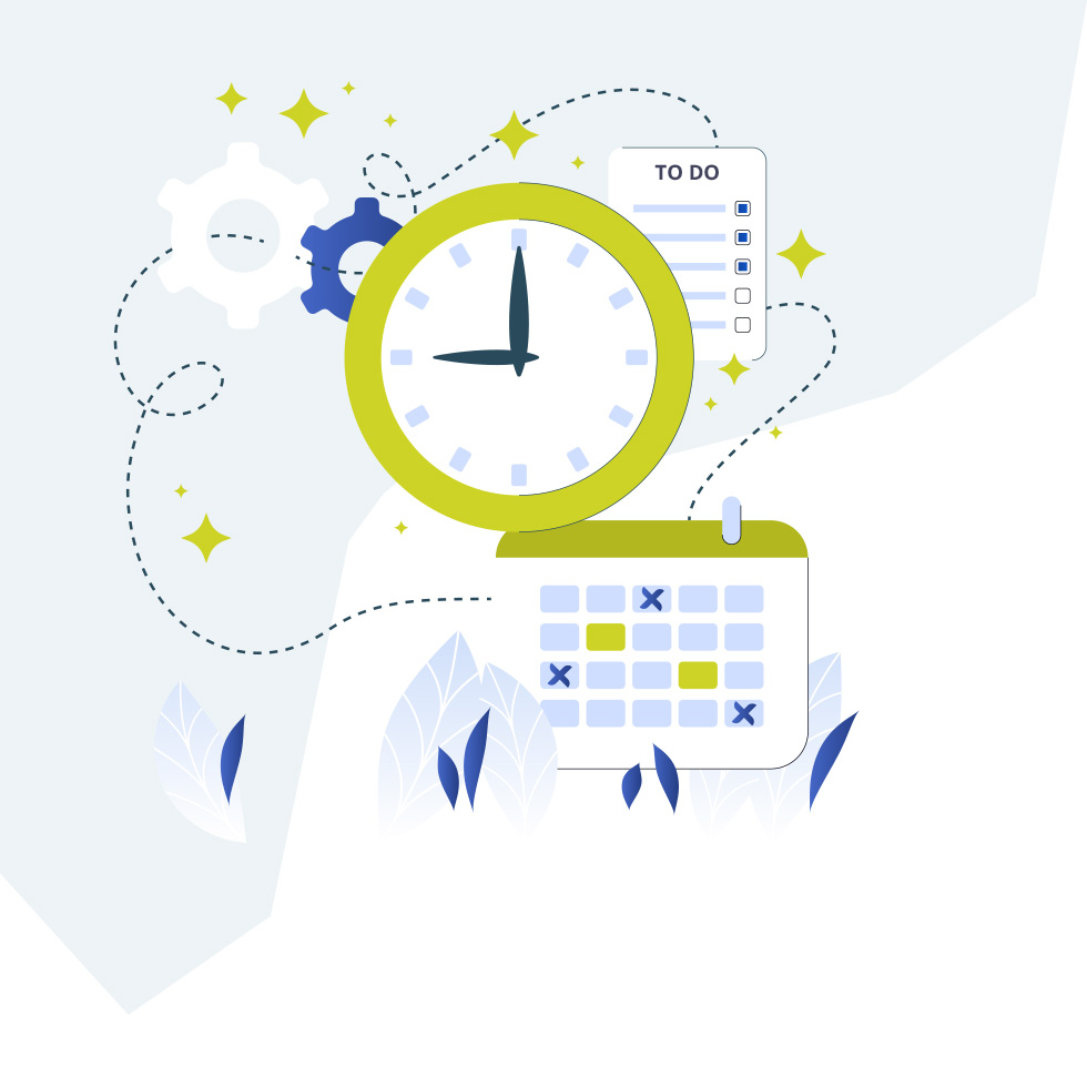 Graphische Darstellung von Uhr, Checkliste und Kalender als Symbole für gute Planung und Dokumentation.